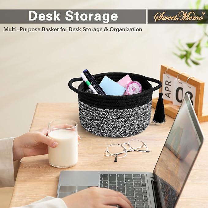 Small Round Gift Baskets with Handles Set 2, SweetMemo Little Empty Gifts Basketsl, Cute Woven Cotton Rope Storage Bins for Men, Desk, Plant, Bathroom, Decorative, Pre-Shaped, Two Pack - Black Gray