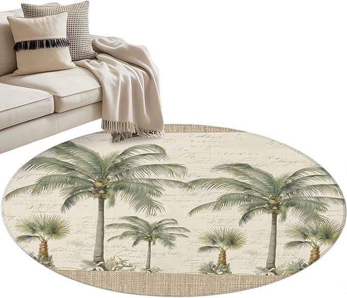 Washable Round Area Rug Coastal Tropical Olive Green Palm Trees Circle Rugs Floor Carpet for Living Room Bedroom, Classic Retro Linen Soft Non Slip Round Rug 3ft