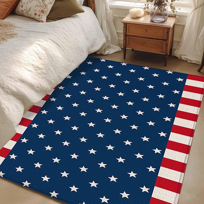 Area Rug 3x5ft, American Independence Day Washable Rugs for Living Room Bedroom, USA Stars on Blue Red White Border Soft Non-Slip Area Rugs Rectangle Floor Carpet for Dining Room