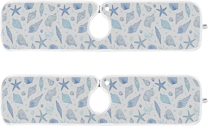 Kitchen Faucet Absorbent Mat,Seashells Starfish Water Splash Guard for Sink, Faucet Drip Catcher Thicken Sponge Microfiber Faucet Water Catcher Mat Sink Absorbent Mat for Kitchen 14x5in 2 Pack