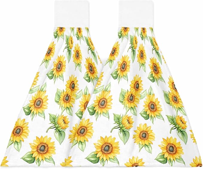 Alandar Home Kitchen Tie Towel Set of 2, Yellow Sunflower Farm Green Plant Absorbent Soft Hand Towels for Bathroom Hanging Towels, Summer Blossom Floral Fast Drying Cleaning Cloth with Loop