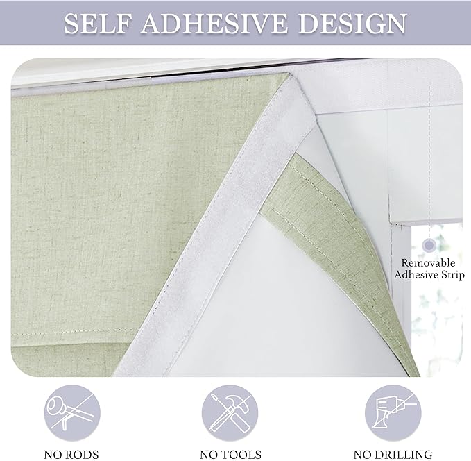 RYB HOME Blackout Door Window Curtains, Effortless Self-Ahensive Blinds Privacy 100% Blackout Linen Textural Front Door Curtains for Glass Window, W26 x L40 inch, Light Sage, 1 Panel