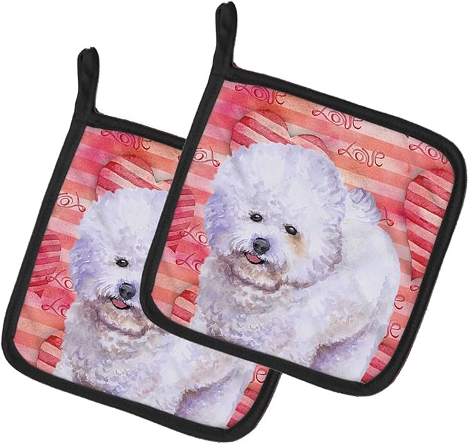 Caroline's Treasures BB9735PTHD Bichon Frise Love Pair of Pot Holders, Red Kitchen Heat Resistant Pot Holders Sets Oven Hot Pads for Cooking Baking BBQ, 7 1/2 x 7 1/2