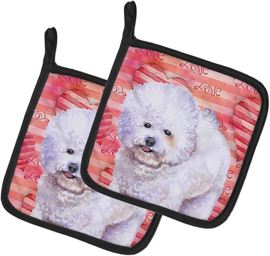 Caroline's Treasures BB9735PTHD Bichon Frise Love Pair of Pot Holders, Red Kitchen Heat Resistant Pot Holders Sets Oven Hot Pads for Cooking Baking BBQ, 7 1/2 x 7 1/2