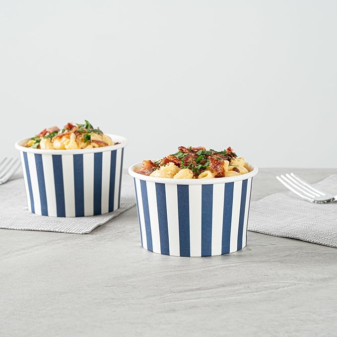 Coppetta 5 Ounce Dessert Cups, 50 Disposable Ice Cream Cups - Lids Sold Separately, Sturdy, Blue And White Paper FroYo Bowls, Striped, For Hot And Cold Foods, Perfect For Gelato - Restaurantware