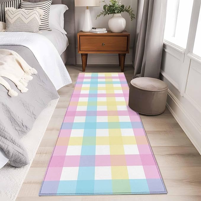 Runner Rug for Bedroom Hallway, Spring Easter Colorful Lattice Kitchen Runner Rugs Area Rug 2x6ft, Minimalist Buffalo Checker Washable Soft Floor Carpet for Entryway Stair