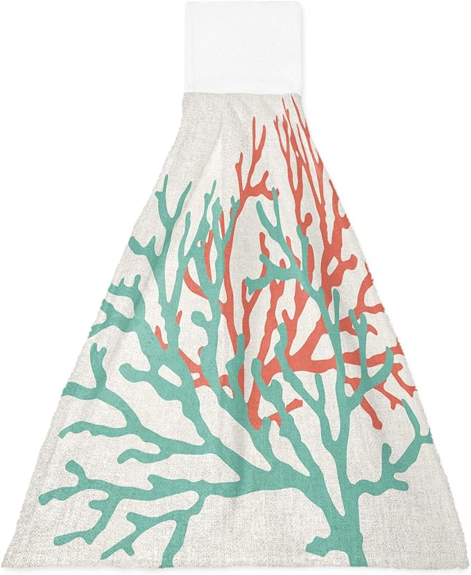 Alandar Home Kitchen Tie Towel Set of 1, Ocean Teal Orange Coral on Linen Absorbent Soft Hand Towels for Bathroom Hanging Towels, Nautical Abstract Marine Life Fast Drying Cleaning Cloth with Loop