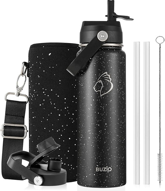 BUZIO 24 oz Insulated Water Bottle, Stainless Steel Wide Mouth Water Flask with Straw Lid, Cold for 48 Hrs Leak Proof Metal Hydro Thermo Canteen Mug, Starry Day & Night