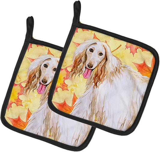 Caroline's Treasures BB9963PTHD Afghan Hound Fall Pair of Pot Holders, Yellow Kitchen Heat Resistant Pot Holders Sets Oven Hot Pads for Cooking Baking BBQ, 7 1/2 x 7 1/2