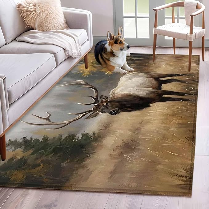 Area Rug 4x6ft, Brown Animals Elk Washable Rugs for Living Room Bedroom, Retro Forest Landscape Soft Non-Slip Area Rugs Rectangle Floor Carpet for Dining Room