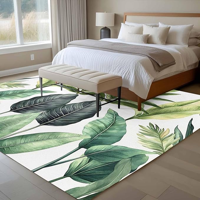 Area Rug 6x9ft, Summer Green Tropical Palm Leaves Washable Rugs for Living Room Bedroom, Watercolor Plant Soft Non-Slip Area Rugs Rectangle Floor Carpet for Dining Room