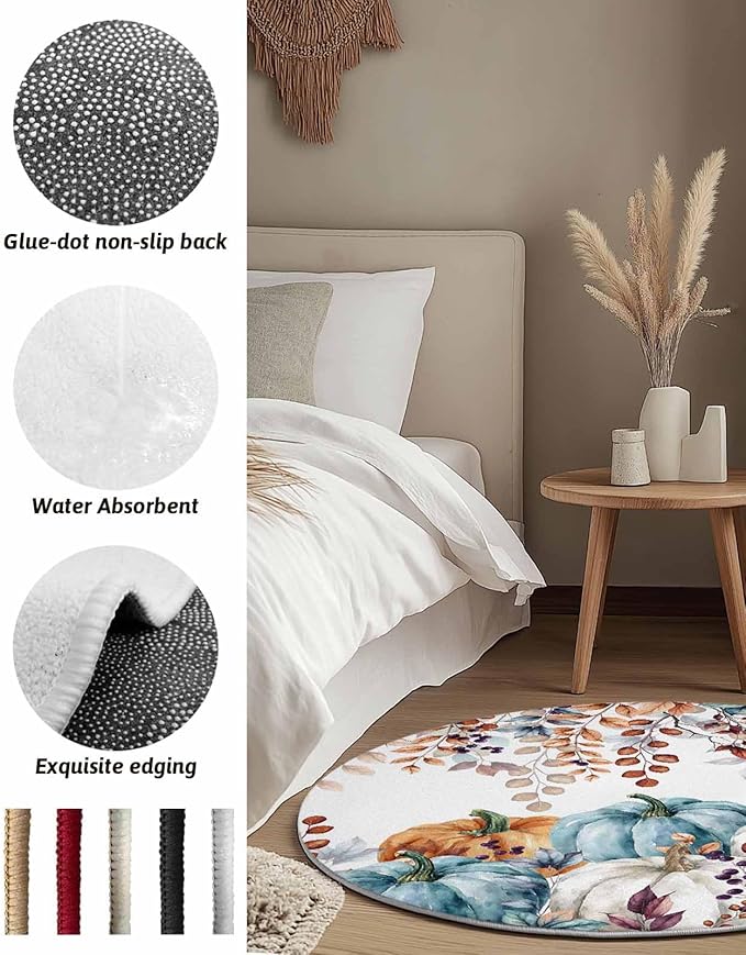 Round Area Rug,Fall Thanksgiving Pumpkin Orange Eucalyptus Leaf Circle Living Room Rug Non-Slip Rugs Indoor Carpet,Autumn Fallen Leaves Soft Comfort Rugs for Bedroom KidsRoom Nursery