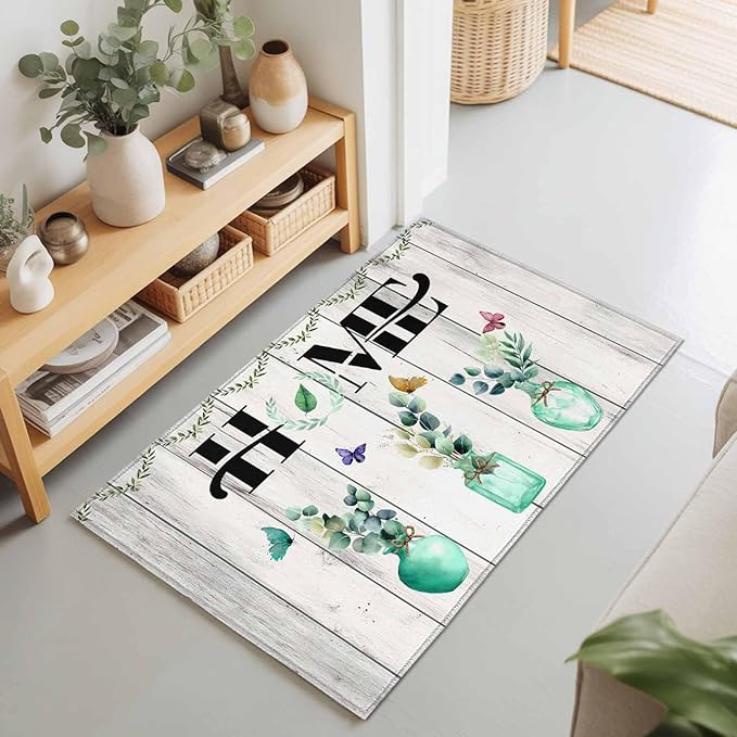 Area Rug 2x3ft, Summer Eucalyptus Leaf Colorful Butterfly Washable Rugs for Living Room Bedroom, Home Text Wood Plank Soft Non-Slip Area Rugs Rectangle Floor Carpet for Dining Room