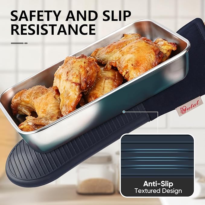 YUTAT Silicone Oven Mitts,High Heat Resistant Up to 500 Degrees,Waterproof Cooking Gloves with Soft Polyester Filling,Kitchen Potholder Set - Perfect for BBQ,Baking and Cooking,DKBlue,2 Pcs Set
