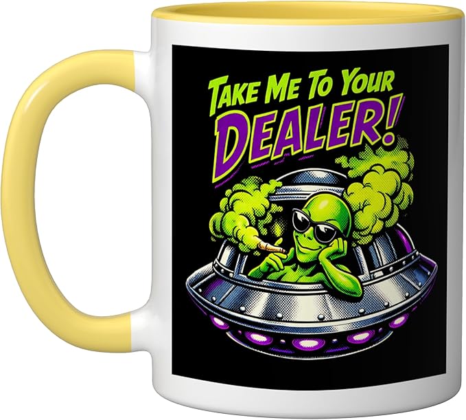 420 Take Me To Your Cannabis Weed Stoner Sc-Fi Alien UFO Ceramic Mug, Yellow/White