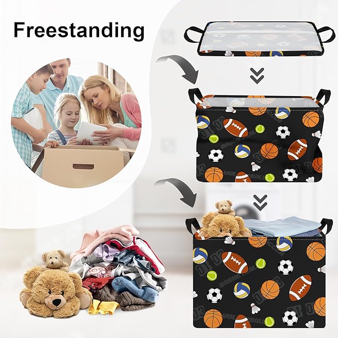 Sports Balls Baby Laundry Hamper Collapsible Clothes Kids Storage Basket Large Boys Gift Toy Box Bin for Play Room, Black, 36L