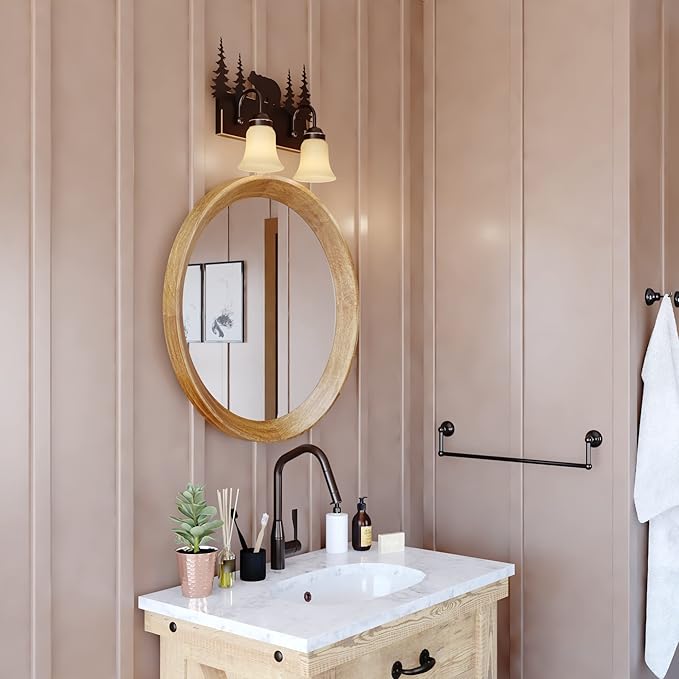 VAXCEL Bozeman 2-Light 16.75 inch Wide Burnished Bronze Rustic Cabin Bathroom Vanity Lighting Fixture, Amber Flake Glass Shade, Bear and Trees, Dimmable, LED Compatible, Over the Mirror Wall Mounted