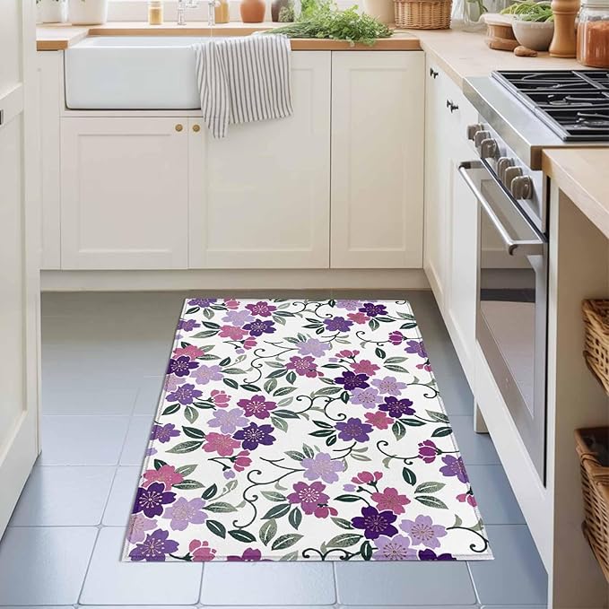 Area Rug 2x3ft, Country Purple Pink Flower Green Leaf Washable Rugs for Living Room Bedroom, Pastoral Floral Plant Soft Non-Slip Area Rugs Rectangle Floor Carpet for Dining Room