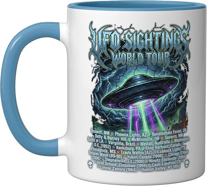 Vintage UFO Sightings World-Tour Cool-Looking Heavy-Metal Ceramic Mug, Blue/White
