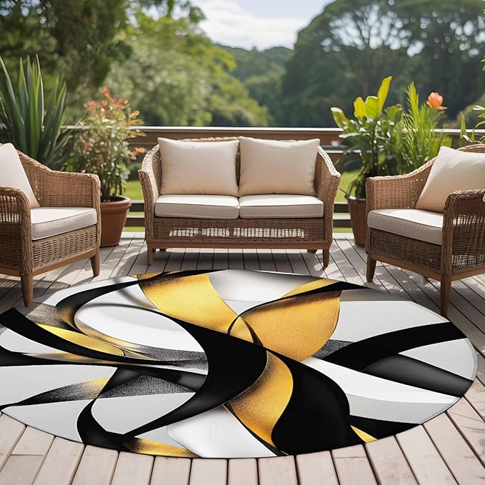 Washable Round Area Rug Modern Geometric Stripe Texture Circle Rugs Floor Carpet for Living Room Bedroom, Abstract Gold Black White Line Soft Non Slip Round Rug 5ft