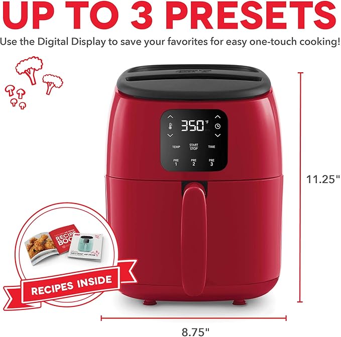 Dash Tasti-Crisp™ Digital Air Fryer – 2.6 Quart Small Compact Mini Air Fryer for French Fries, Nuggets & More, 1-2 People, Auto Shut Off, Adjustable Temp, Dishwasher Safe Parts - Red