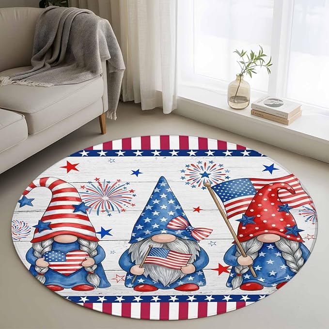 Washable Round Area Rug Independence Day USA Flag Star Dwarf Circle Rugs Floor Carpet for Living Room Bedroom, Stripes on Wood Grain Soft Non Slip Round Rug 3ft