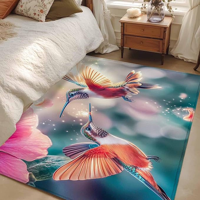 Area Rug 4x6ft, Spring Hummingbird Pink Petals Flowers Washable Rugs for Living Room Bedroom, Dreamlike Animal Focus Scenery Soft Non-Slip Area Rugs Rectangle Floor Carpet for Dining Room