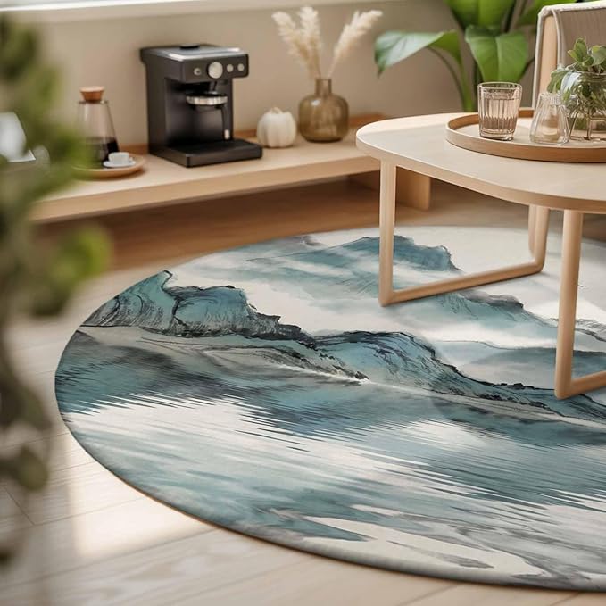 Washable Round Area Rug Chinese Zen Landscape Ombre Circle Rugs Floor Carpet for Living Room Bedroom, Abstract Mountain Lake Soft Non Slip Round Rug 3ft