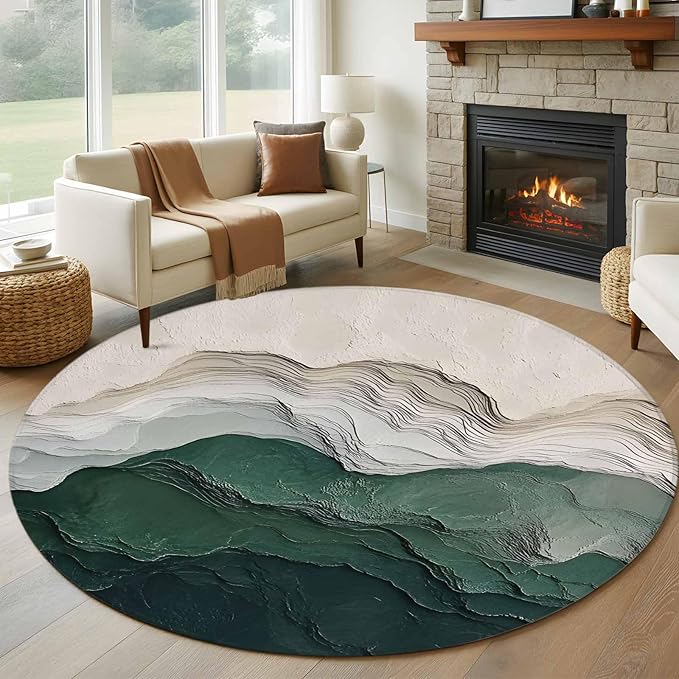 Washable Round Area Rug Rustic Green Gray White Mountain Range Circle Rugs Floor Carpet for Living Room Bedroom, Abstract Art Soft Non Slip Round Rug 5ft