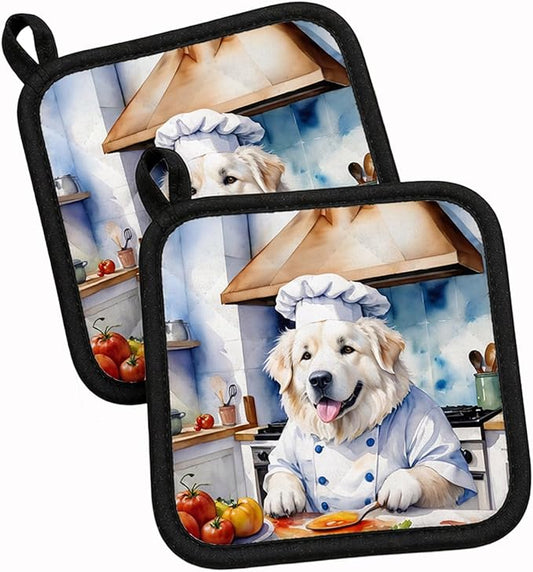 Caroline's Treasures Great Pyrenees The Chef Pair of Pot Holders Kitchen Heat Resistant Pot Holders Sets Oven Hot Pads for Cooking Baking BBQ, 7 1/2 x 7 1/2