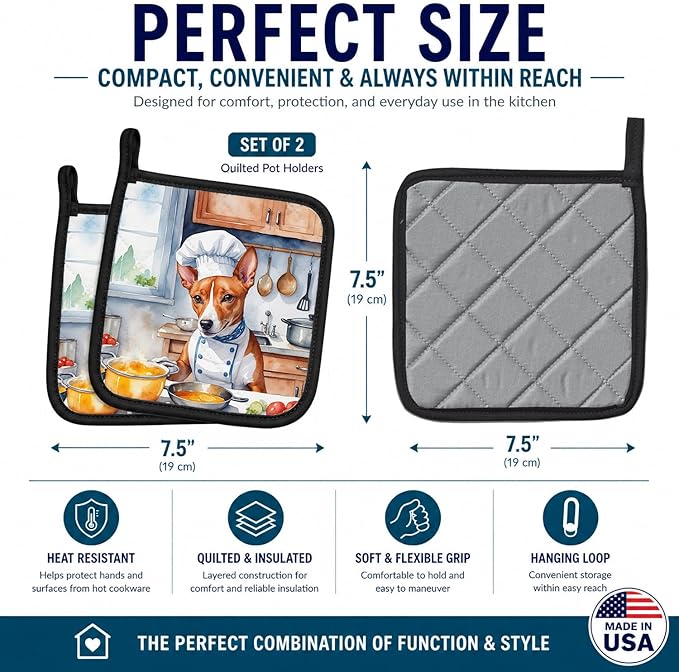 Caroline's Treasures Basenji The Chef Pair of Pot Holders Kitchen Heat Resistant Pot Holders Sets Oven Hot Pads for Cooking Baking BBQ, 7 1/2 x 7 1/2