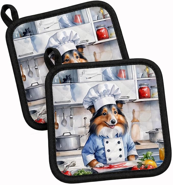 Caroline's Treasures Sheltie The Chef Pair of Pot Holders Kitchen Heat Resistant Pot Holders Sets Oven Hot Pads for Cooking Baking BBQ, 7 1/2 x 7 1/2