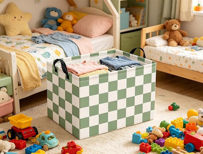 HIYAGON Rectangular Kids Basket Baby Girl Basket Fabric Storage Bin Organizer Box Room Decor(Green Checkered)