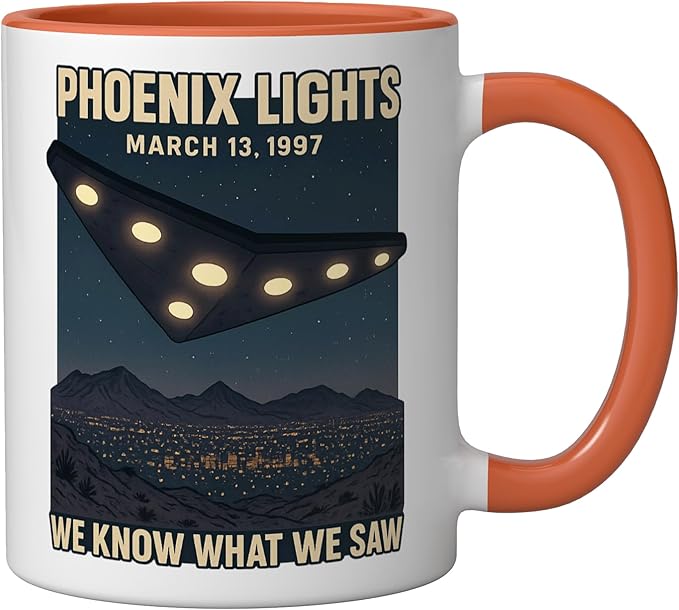 Phoenix Lights UFO V Shaped Flying Saucer Alien Ceramic Mug, Orange/White