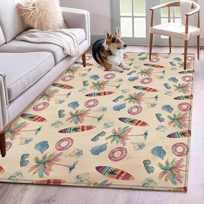 Area Rug 4x6ft, Summer Surfboard Coconut Tree Washable Rugs for Living Room Bedroom, Coastal Vintage Plants Soft Non-Slip Area Rugs Rectangle Floor Carpet for Dining Room