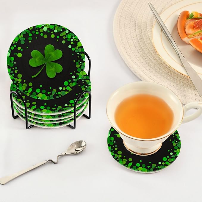 YETTASBIN St. Patrick's Day Shamrock 6 Pcs Drink Coasters with Holder, Cotton Woven Absorbent Heat-Resistant Round Coaster Non-Slip Table Mat for Kitchen Bar Home Decor Housewarming Gift, 3.9 in