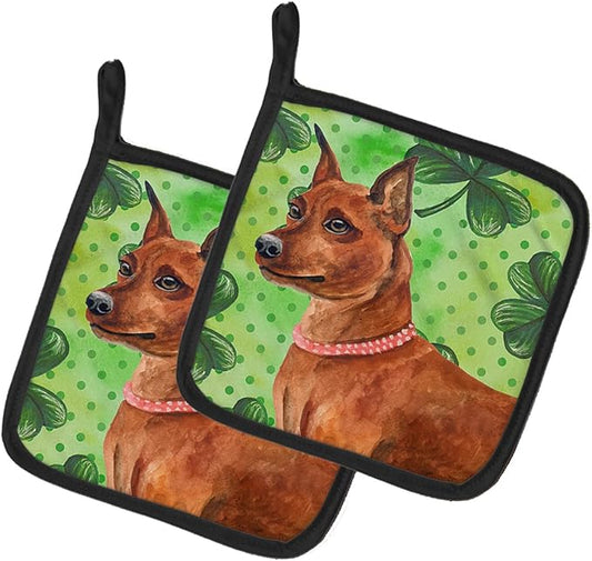 Caroline's Treasures BB9830PTHD Miniature Pinscher St Patrick's Pair of Pot Holders, Green Kitchen Heat Resistant Pot Holders Sets Oven Hot Pads for Cooking Baking BBQ, 7 1/2 x 7 1/2