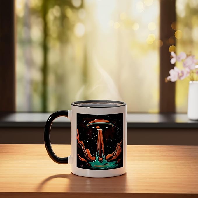 Aliens Abducting people into Flying UFO Saucer Abduction Ceramic Mug, Black/White