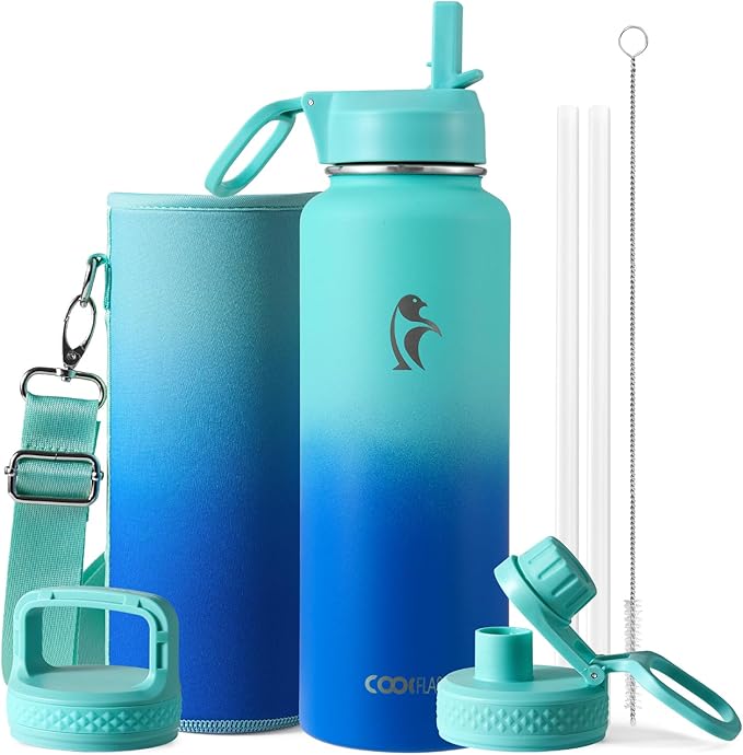 Coolflask Water Bottle 40 oz Insulated with Straw, Stainless Steel Metal 3 Lids Water Flask for Sports or Office, Keep Cold 48H Hot 24H, Pacific Prince