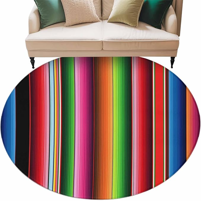 Washable Round Area Rug Mexico Art Colorful Stripes Circle Rugs Floor Carpet for Living Room Bedroom, Color Gradient Lines Soft Non Slip Round Rug 5ft