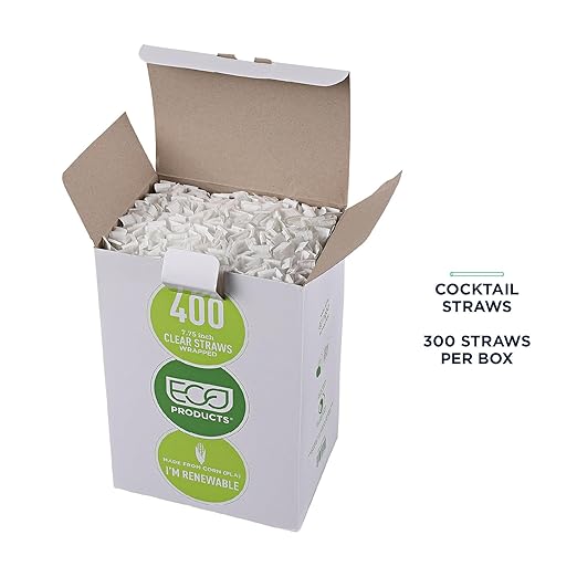 Eco-Products Compostable Paper Wrapped Plastic Straws, 7.75" Long, 5mm Diameter, Box of 400, Clear Disposable Plant Based PLA Plastic, Standard Sized Drinking Straws, ASTM Compliant, BPI-Certified