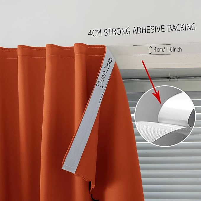 Self Adhesive Curtains Portable Blackout Curtain Simple and Easy to Install Bedroom Window Thermal Lnsulated Kitchen Room Darkening Black Small Drapes, 47" W X 96" L, Orange, 1 Panel