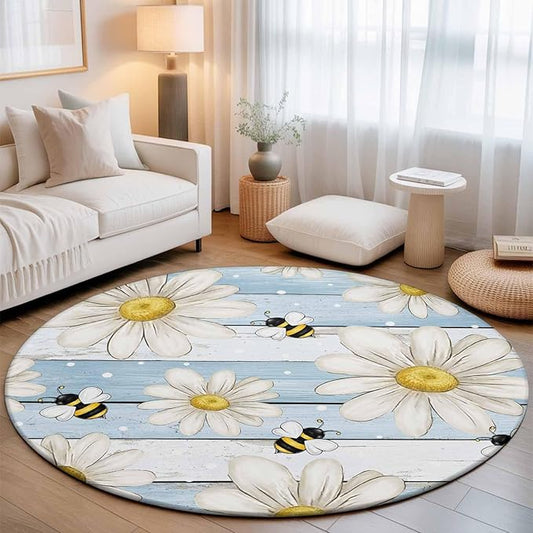 Washable Round Area Rug Watercolor White Daisy Floral Bee Circle Rugs Floor Carpet for Living Room Bedroom, Rustic Light Blue Wood Plank Soft Non Slip Round Rug 3ft