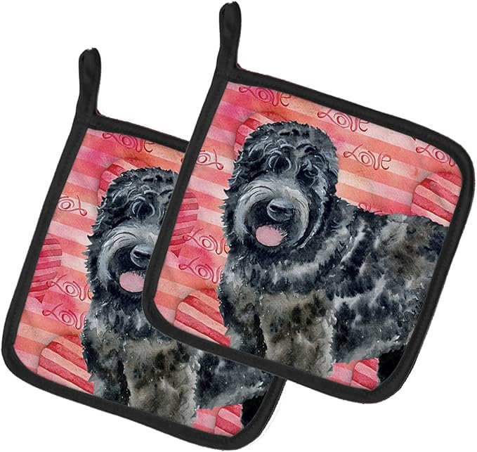 Caroline's Treasures BB9764PTHD Black Russian Terrier Love Pair of Pot Holders, Red Kitchen Heat Resistant Pot Holders Sets Oven Hot Pads for Cooking Baking BBQ, 7 1/2 x 7 1/2