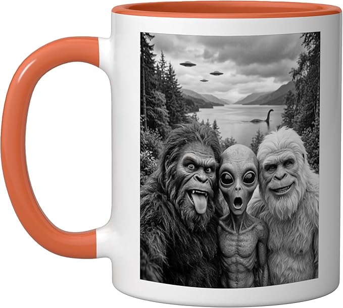 Bigfoot Alien Loch Ness Monster UFO Selfie Funny Cryptid Art Ceramic Mug, Orange/White