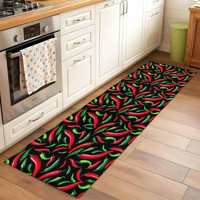 Runner Rug for Bedroom Hallway, Spicy Chili Pepper Pattern Kitchen Runner Rugs Area Rug 2x6ft, Red Green Peppers on Black Washable Soft Floor Carpet for Entryway Stair