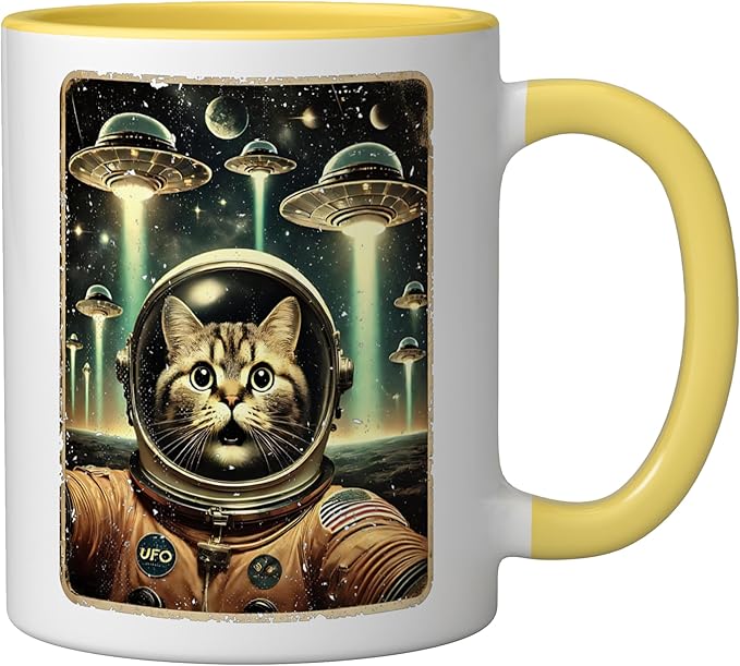 Space Cat Astronaut Funny UFO Sci-fi Alien Selfie Ceramic Mug, Yellow/White
