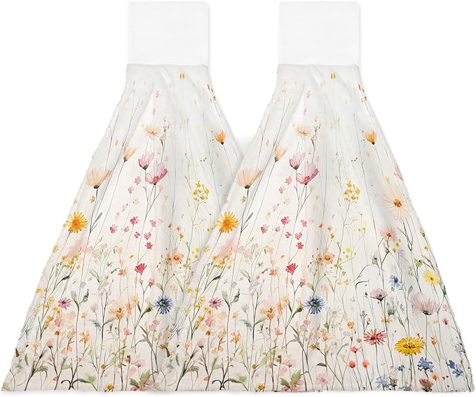 Alandar Home Kitchen Tie Towel Set of 2, Country Colorful Flower Leaves on Vintage Absorbent Soft Hand Towels for Bathroom Hanging Towels, Summer Floral Fast Drying Cleaning Cloth with Loop