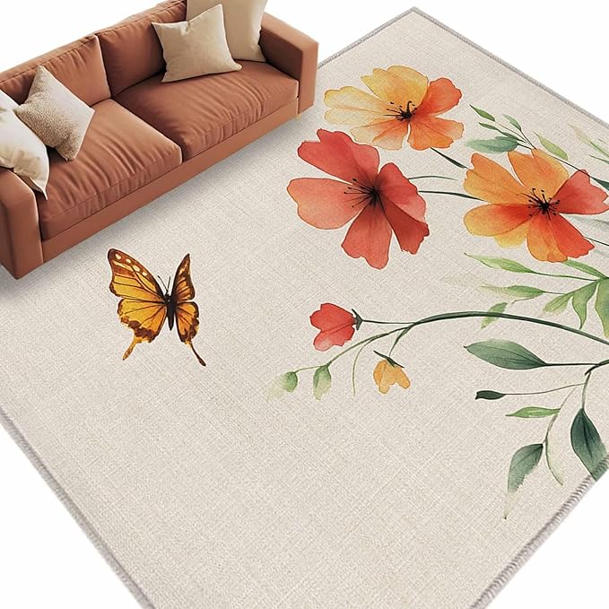 Area Rug 6x9ft, Summer Watercolor Flower Butterfly Washable Rugs for Living Room Bedroom, Green Leaves Retro Linen Soft Non-Slip Area Rugs Rectangle Floor Carpet for Dining Room