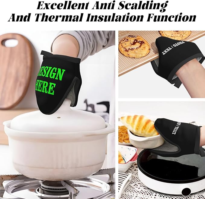 Custom Photo Mini Silicone Oven Mitts Customizable Name Grill Gloves with Hanging Loop, Personalized Logo Little Kitchen Mittens- Set of 2